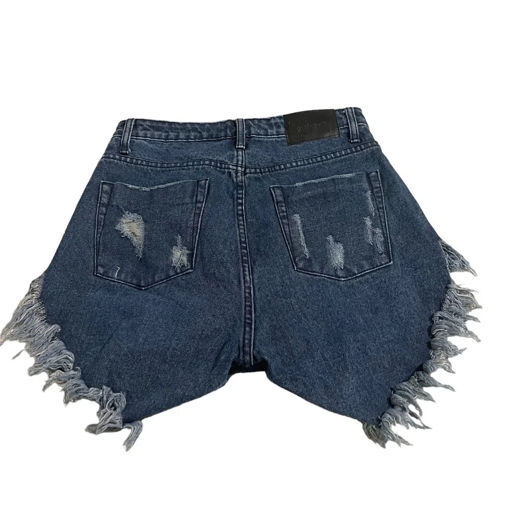 ONE Teaspoon High Waist Jean Cut Off Shorts in Blue Raw Hem Destroyed - Size 24